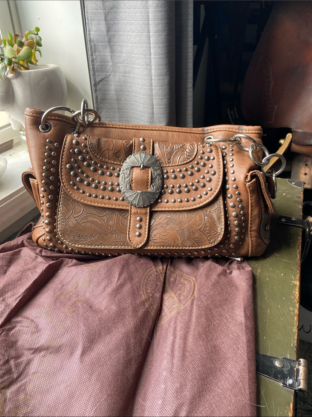 Montana West Brown Embossed Leather Shoulder Bag with Studs